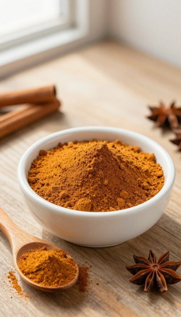 Homemade pumpkin pie spice dust for dogs in a ceramic bowl with a wooden spoon, cinnamon sticks, and star anise on a rustic wooden table.
