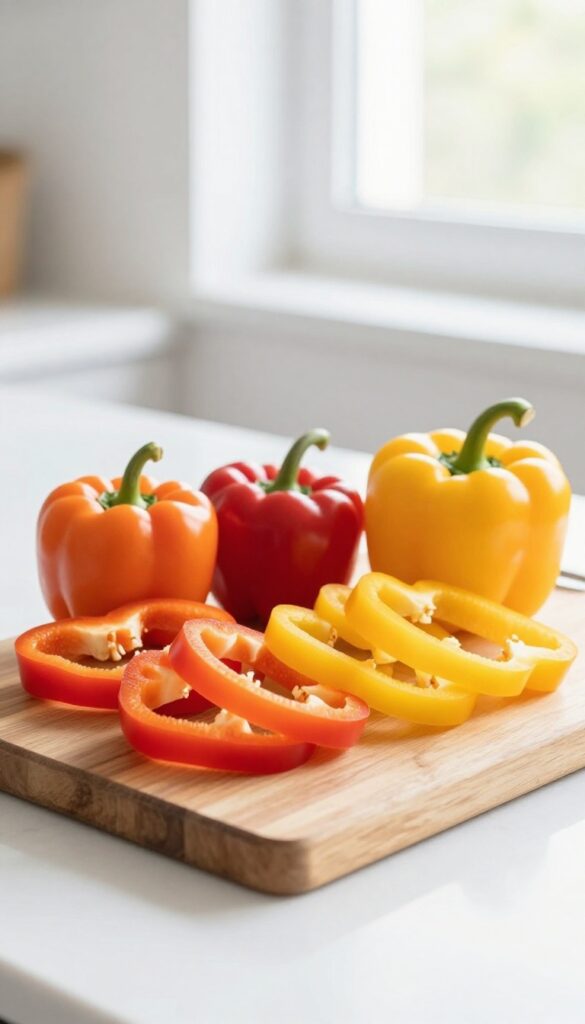 Bell pepper slices on a wooden cutting board in bright natural light