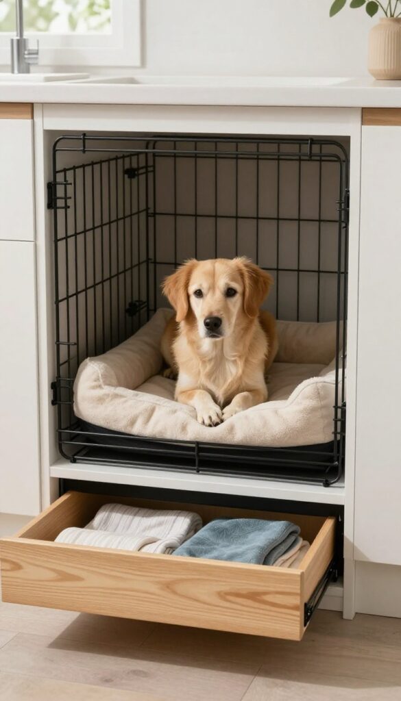 Built-in dog crate with recessed bed and pull-out storage drawer for cushions