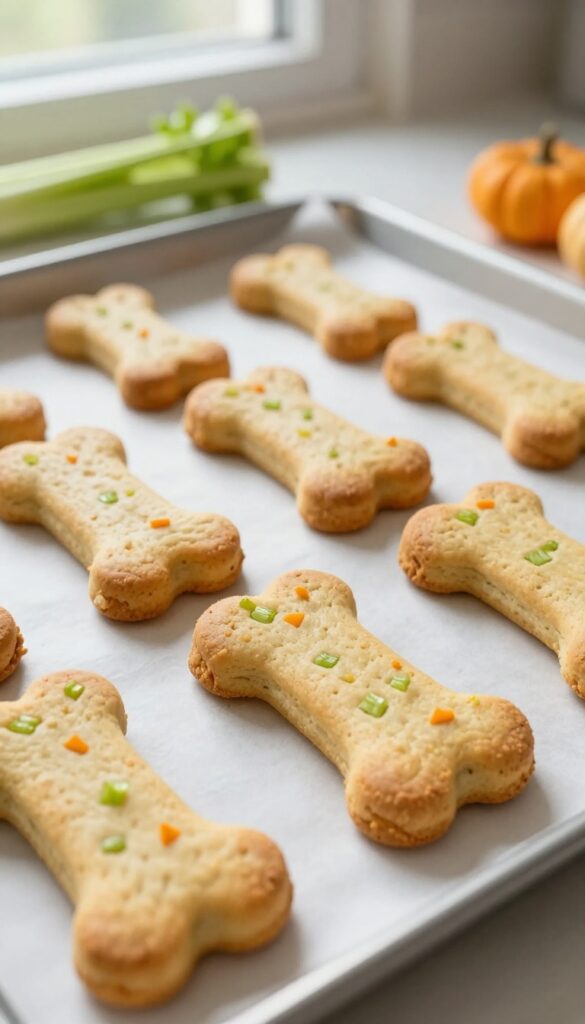 Homemade celery and pumpkin dog biscuits baked golden brown on a parchment-lined sheet, with visible celery and pumpkin flecks, natural lighting, and a clean kitchen background.