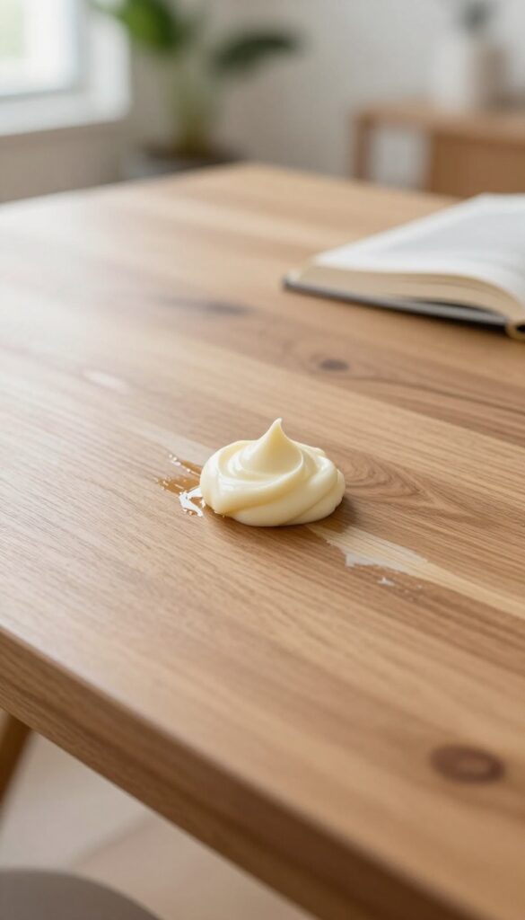 Applying mayonnaise to a white water ring stain on a polished wood coffee table