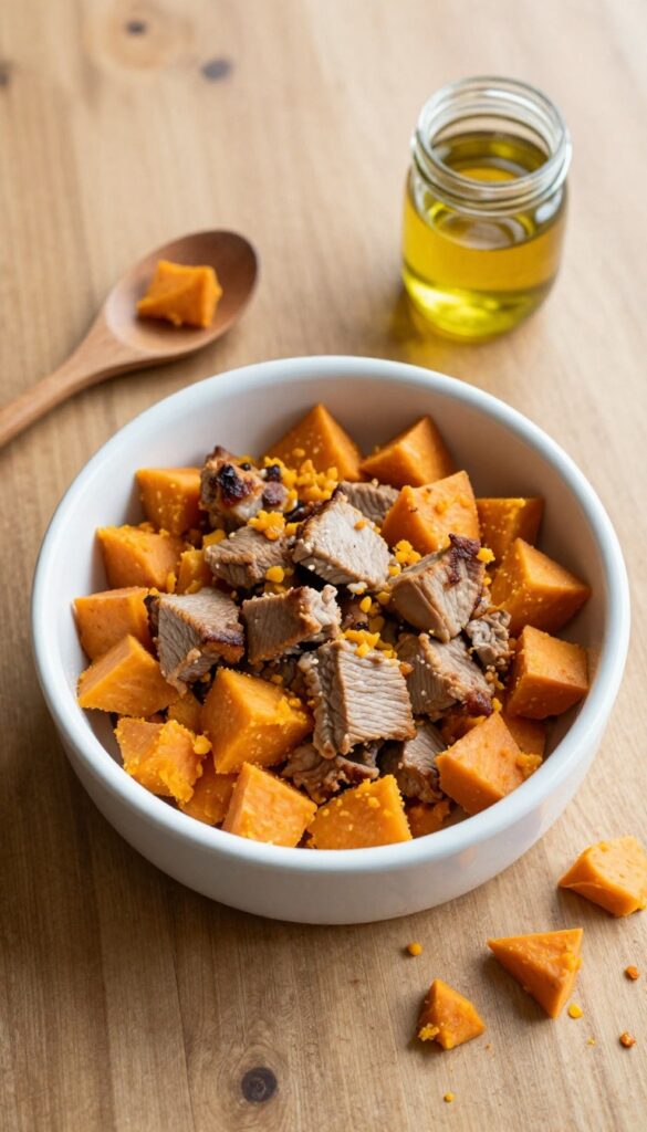 Homemade dog meal prep: diced sweet potato and lean pork tenderloin medley in a dog bowl, with extra ingredients on the side.