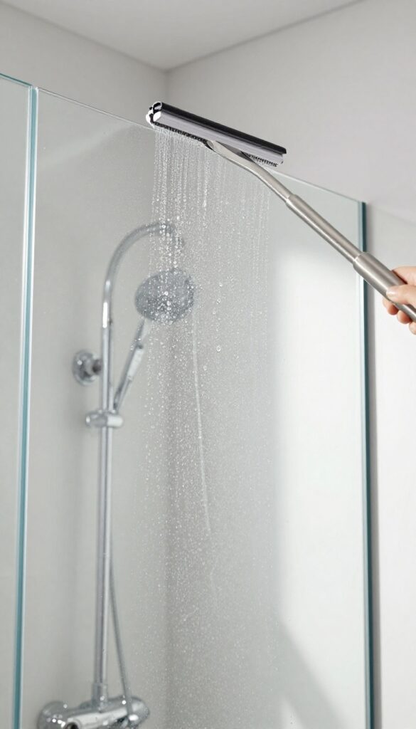 Squeegee on wet glass shower door in bright bathroom