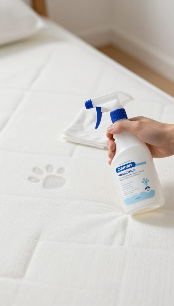 Enzyme cleaner spray bottle on a clean white mattress with a cloth and faint pet paw print