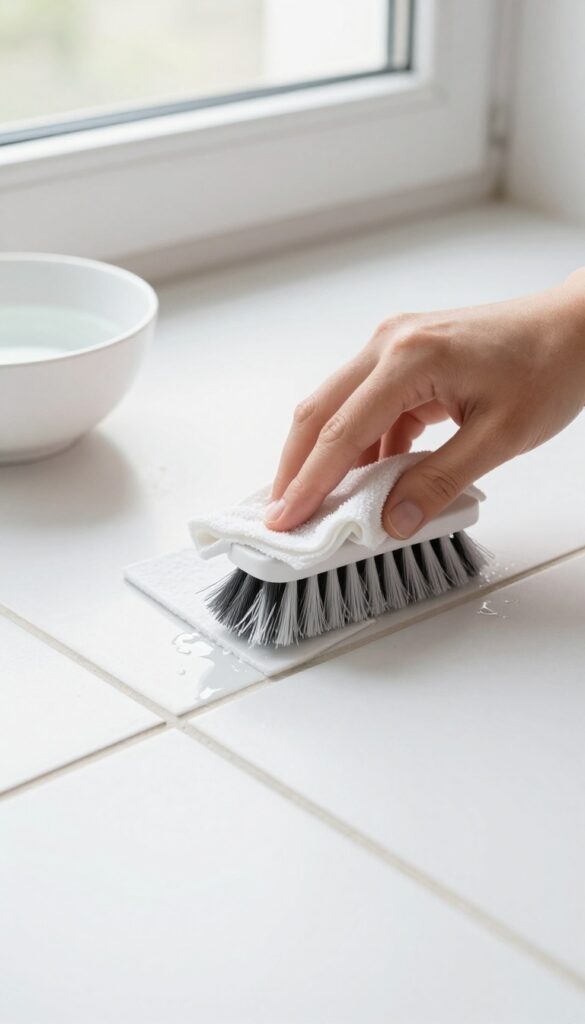 Hand cleaning grout with brush and cloth on tile floor
