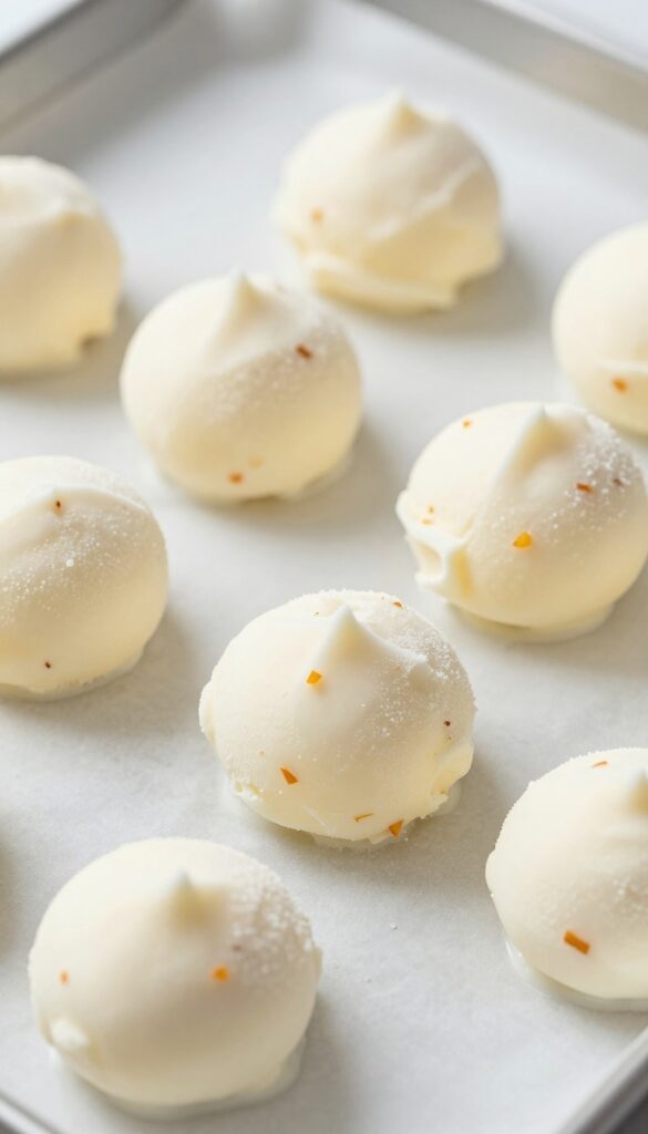 Frozen parsnip and yogurt drops on a baking sheet, homemade dog treats