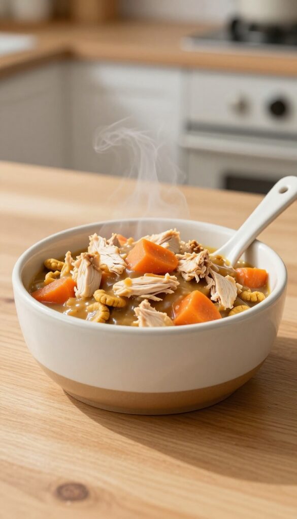 Dog bowl with kibble and hearty chicken and vegetable stew sauce, steam rising, photorealistic pet food photography