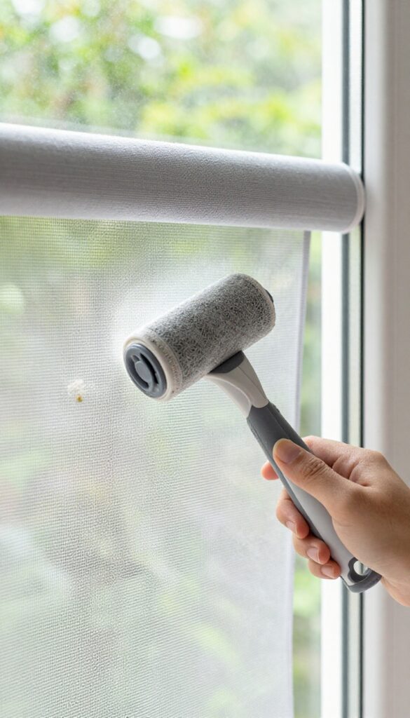 Person using a lint roller to clean a window screen, with sunlight filtering through the clean mesh.