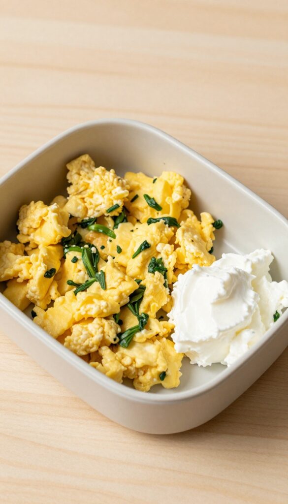 Dog bento box with scrambled eggs, spinach, and cottage cheese
