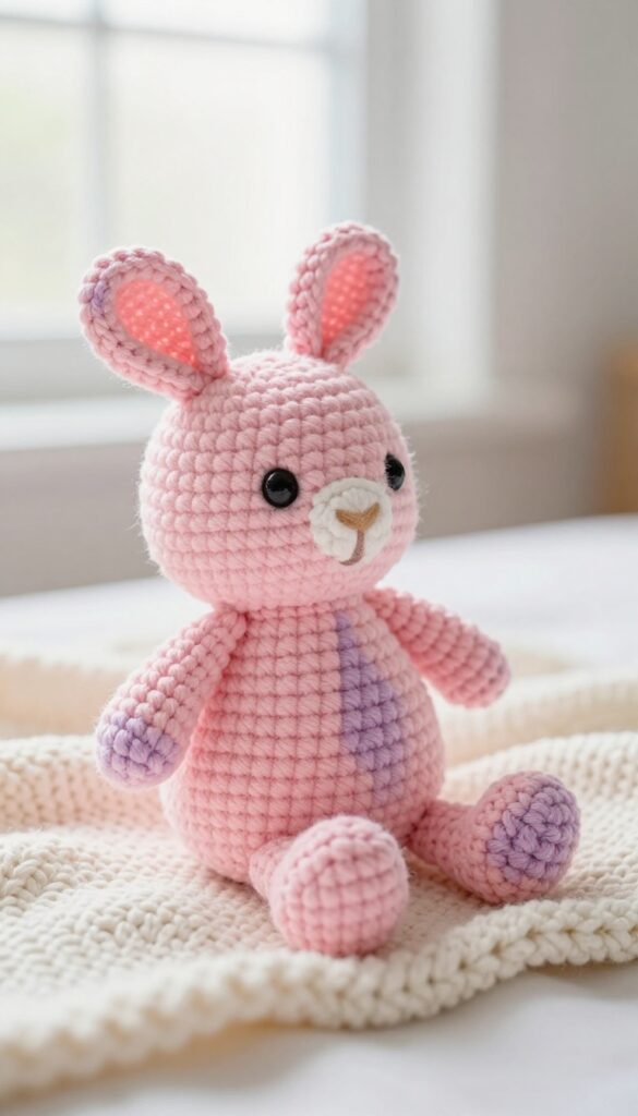 Crochet guinea pig baby rattle in pastel colors on a soft blanket