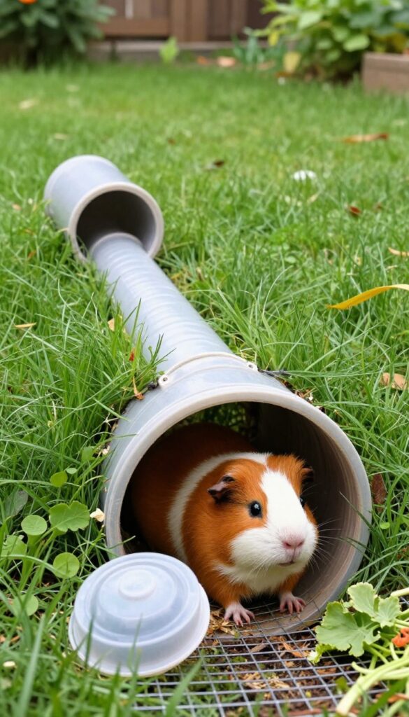 Guinea pig emerging from underground tunnel in backyard play area