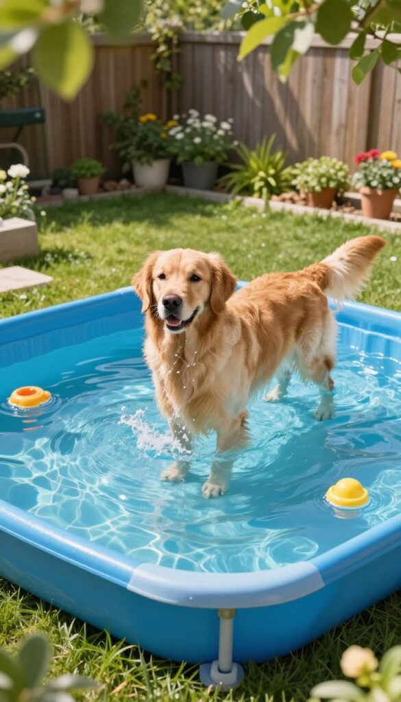 Golden retriever splashing in a shallow kiddie pool in a sunny garden