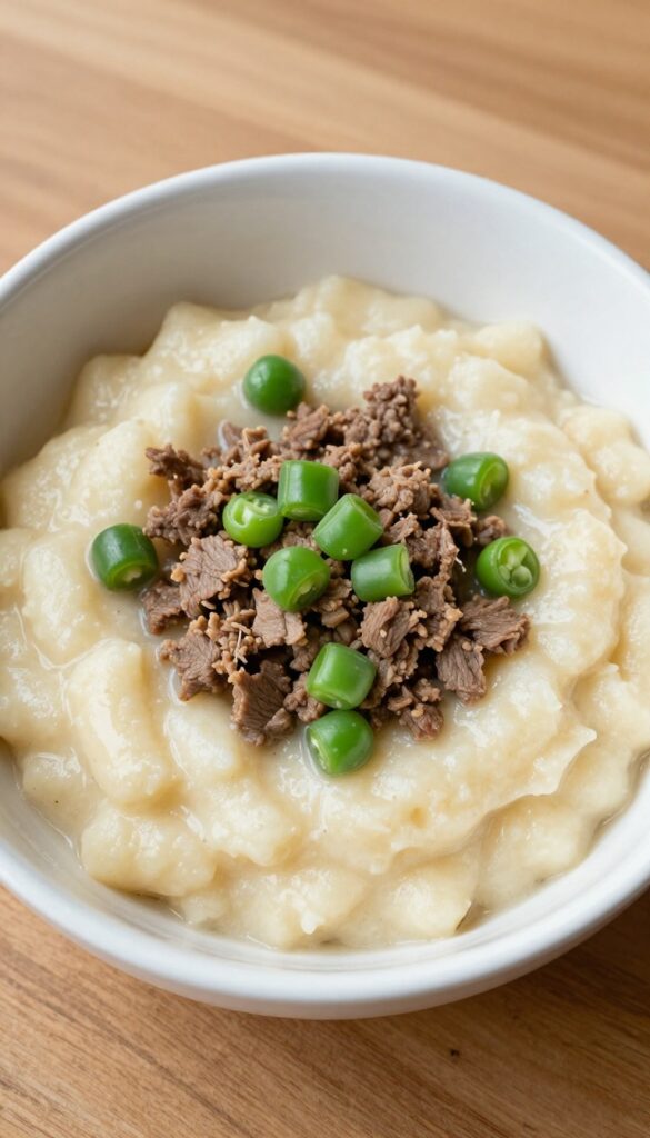 Dog bowl with polenta, ground lamb, and green beans, homemade dog meal, photorealistic pet food photography.