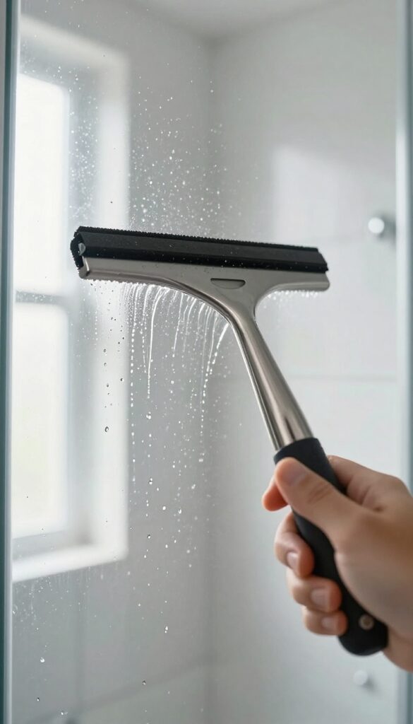 Hand squeegeeing a wet glass shower door in a bright, clean bathroom