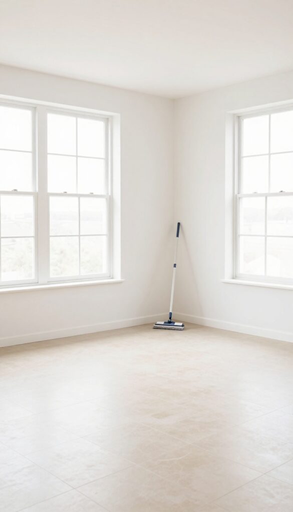 Empty room with bare tile floor and a dust mop, ready for cleaning.