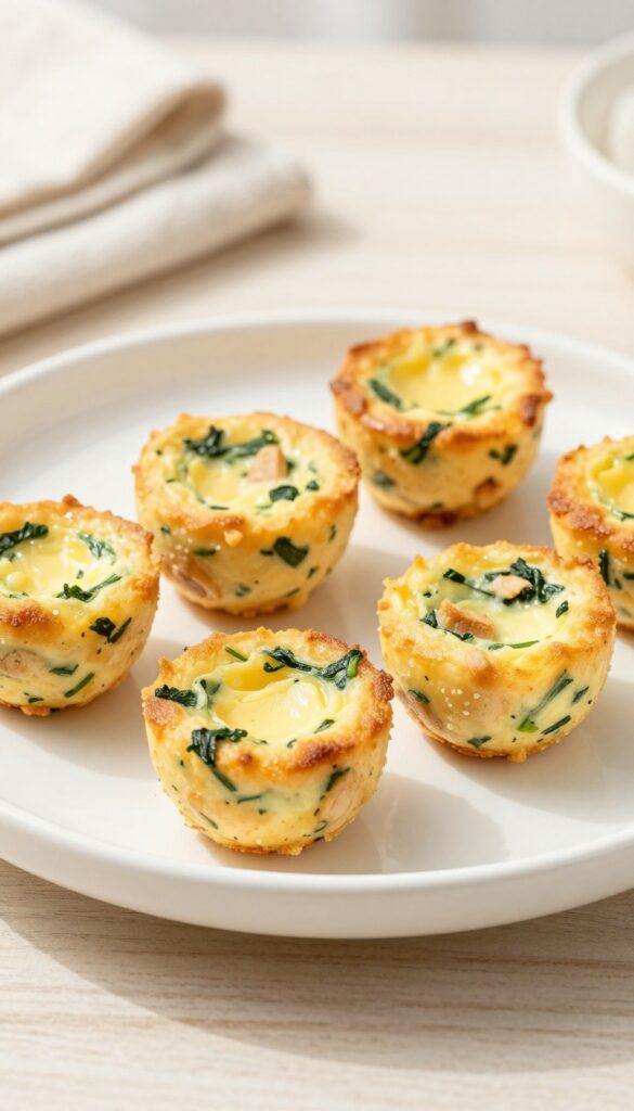 Homemade spinach and chicken egg bite dog treats arranged on a white plate, bright natural lighting, overhead view.