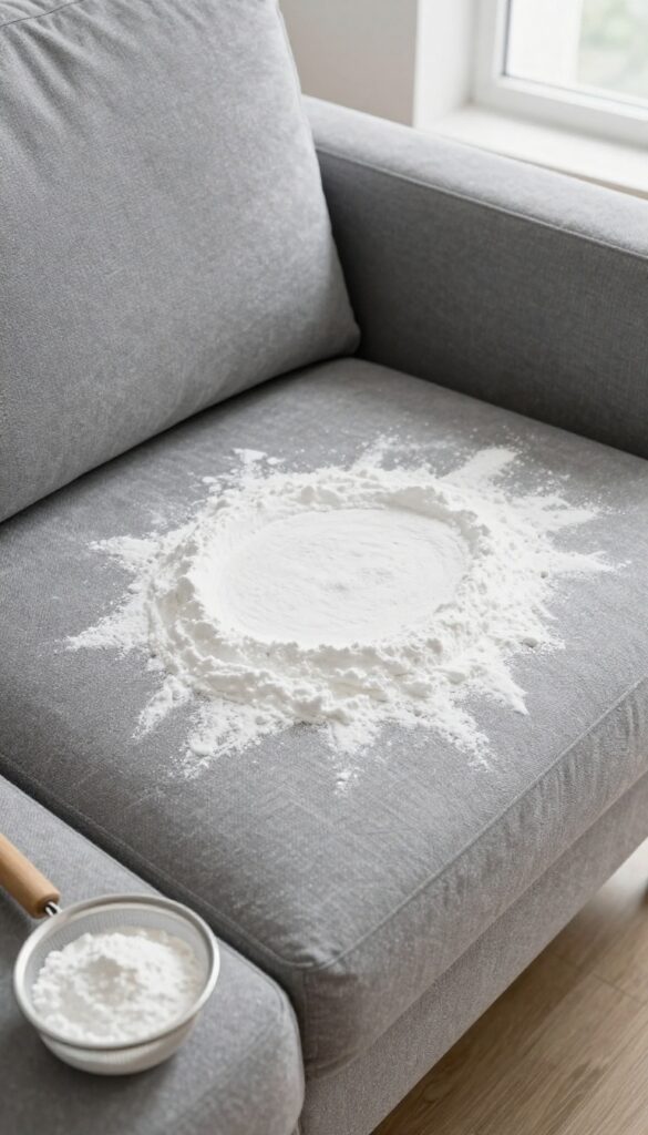 Microfiber couch covered in baking soda for odor removal, with natural light and cleaning tools nearby.