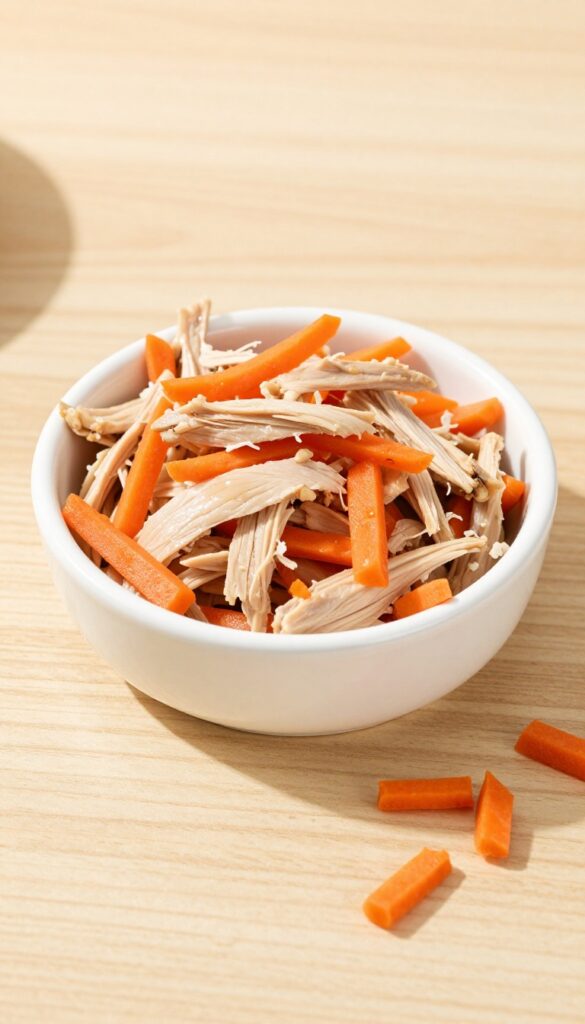 Small dog bowl with shredded chicken and grated carrots, moistened with broth, for a homemade dog lunch.