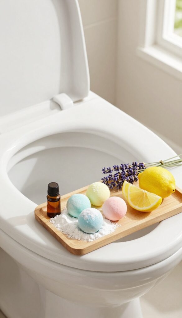 Homemade essential oil toilet bombs on a wooden tray on a toilet lid, with baking soda, citric acid, essential oil bottle, lavender, and lemon slices nearby.