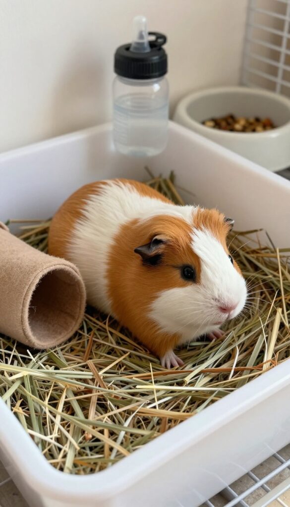 Guinea pig cage with a soft bedding section, fleece tunnel, and snuggle sack in a bright, clean setup.