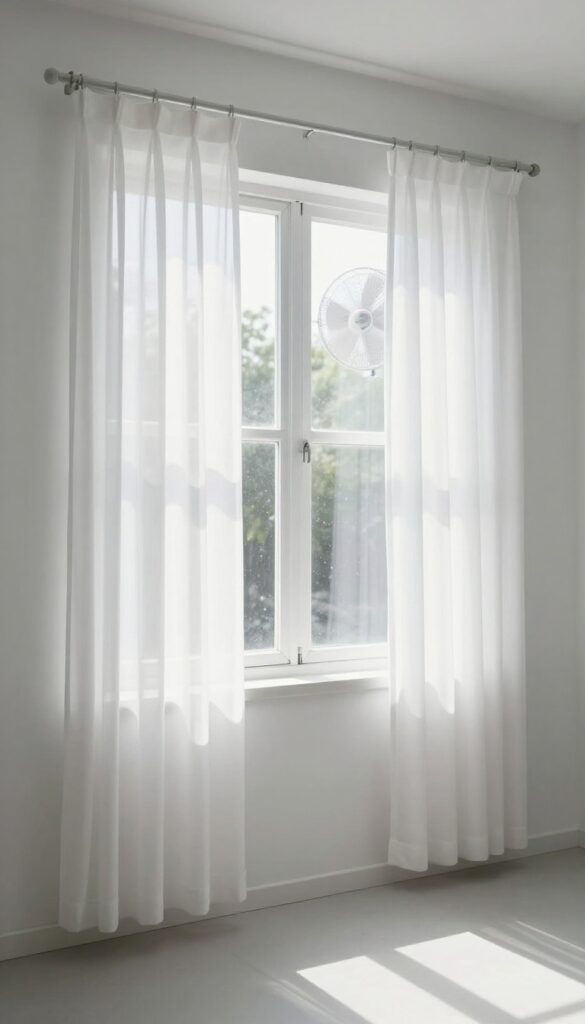 A bright room with an open window and a box fan blowing outward, sunlight streaming in, emphasizing thorough ventilation.