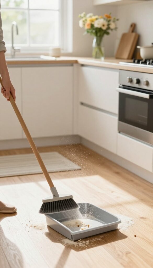 Person sweeping a kitchen floor with a broom and dustpan in bright natural light