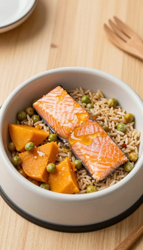 Homemade salmon and pumpkin dog dinner in a bowl with rice and peas