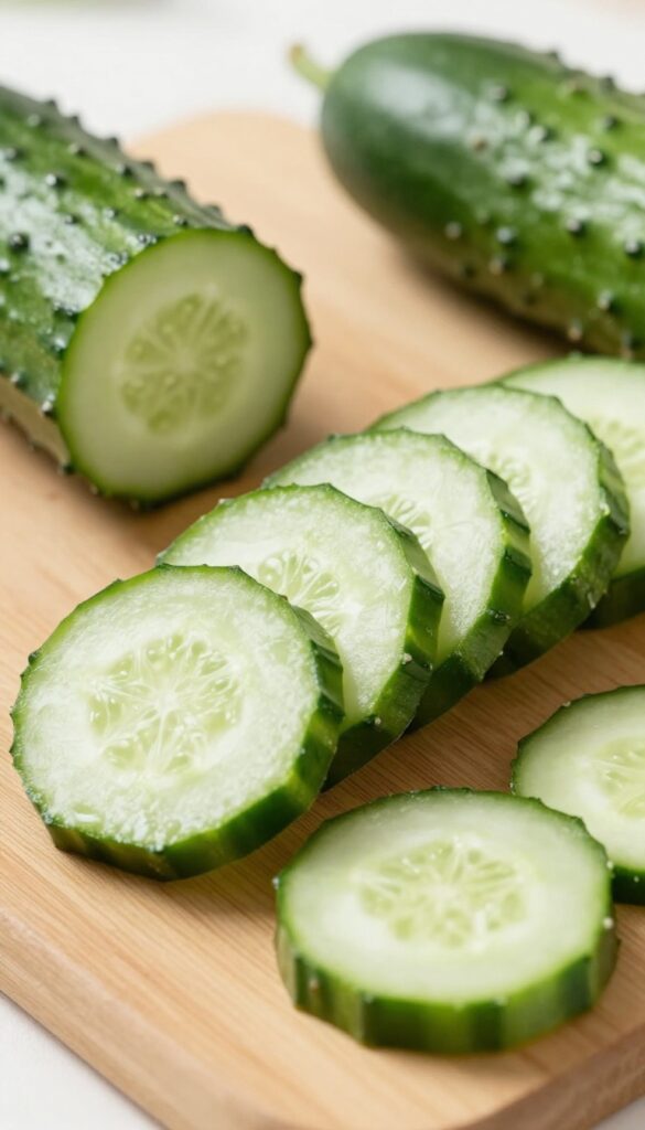 Fresh cucumber slices on a wooden cutting board, whole cucumbers nearby, bright natural lighting, clean composition.