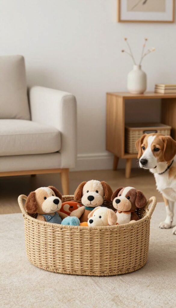 Stylish woven seagrass toy basket filled with plush dog toys in a bright living room corner.