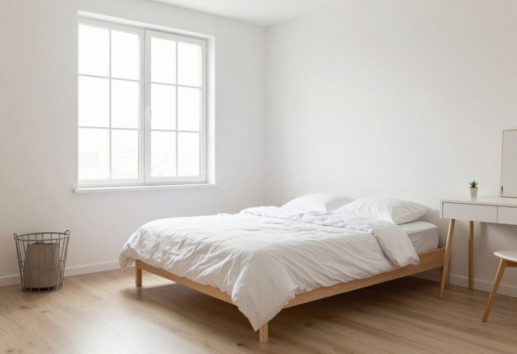 A clean and organized bedroom with a made bed and minimal clutter