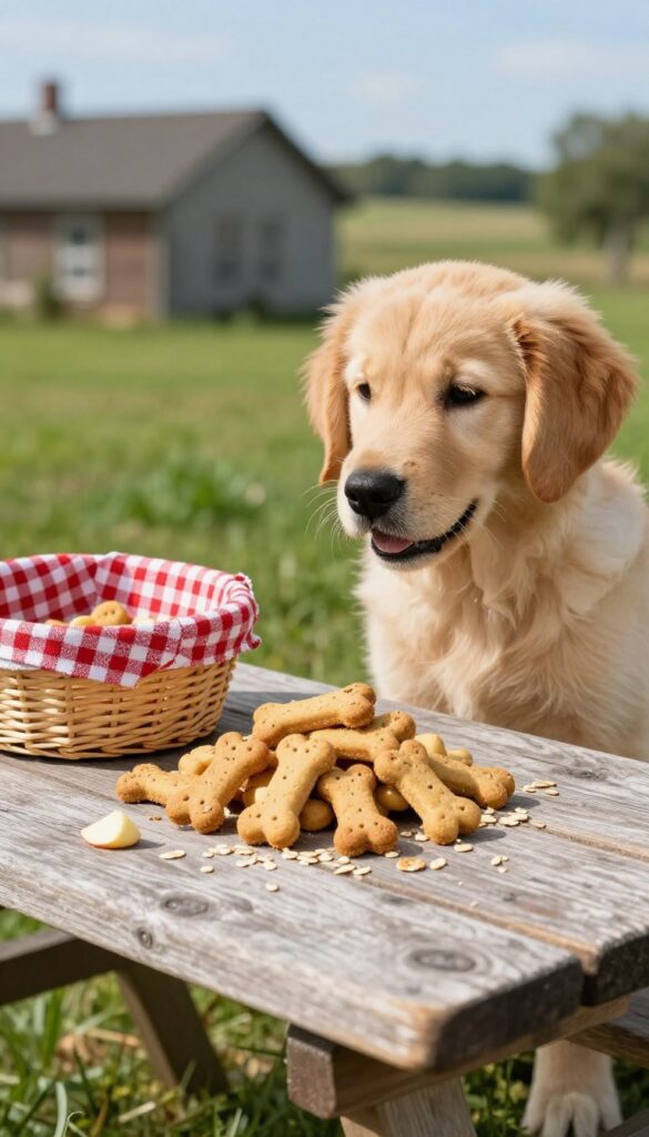 Homemade apple and oat dog biscuits on a picnic table with a dog looking on