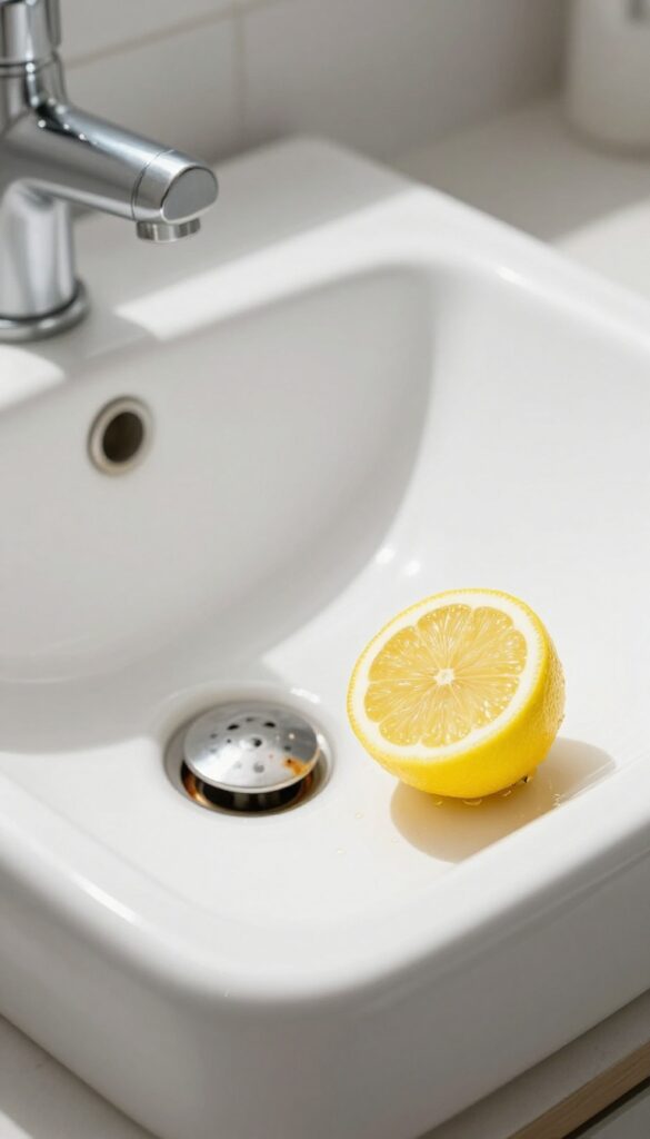 Close-up of a white porcelain sink with a rust spot and a halved lemon, bright natural light, clean and minimal composition.