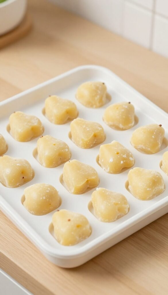 Frozen pear and yogurt dog treats in a silicone mold on a kitchen counter.