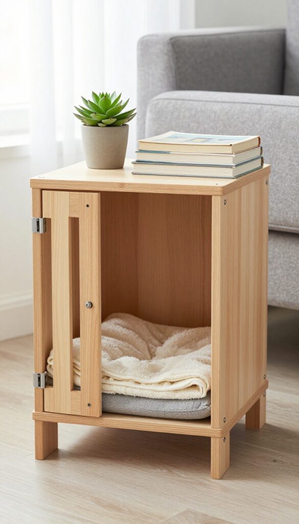 IKEA LACK side table repurposed as a small dog crate with a front gate, plant and books on top, beside a sofa in a bright room.