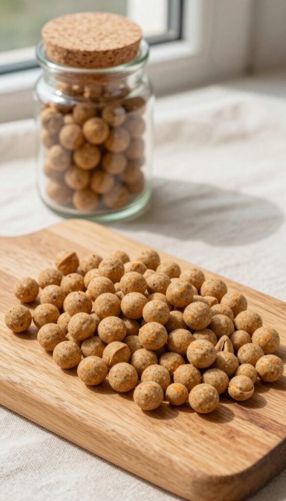 Homemade bison liver and sweet potato training treats for dogs, small soft morsels in a jar on a wooden board.