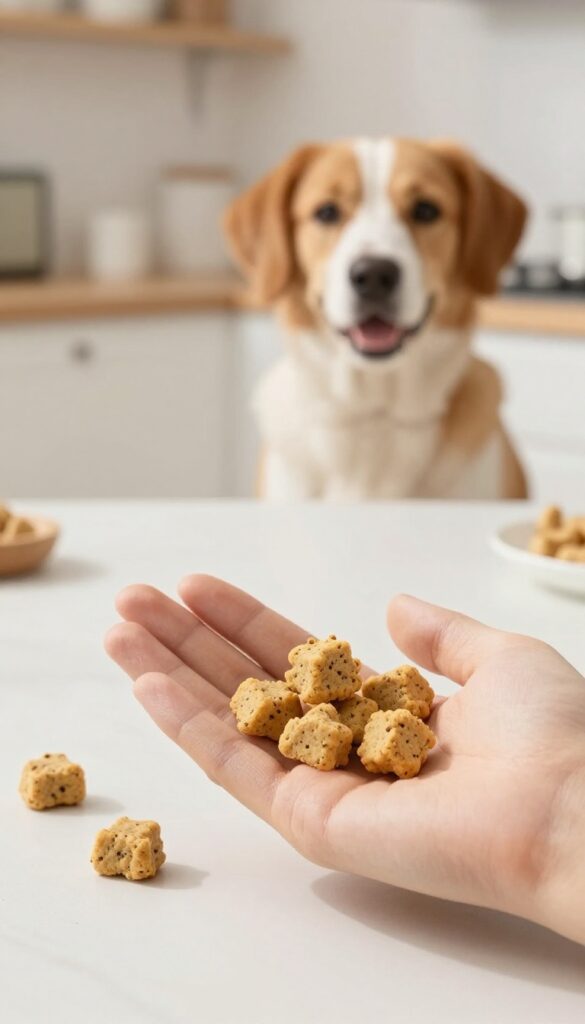 Homemade chicken liver and rice dog treats, small bite-sized balls on a parchment-lined tray, offered to a dog by a hand.