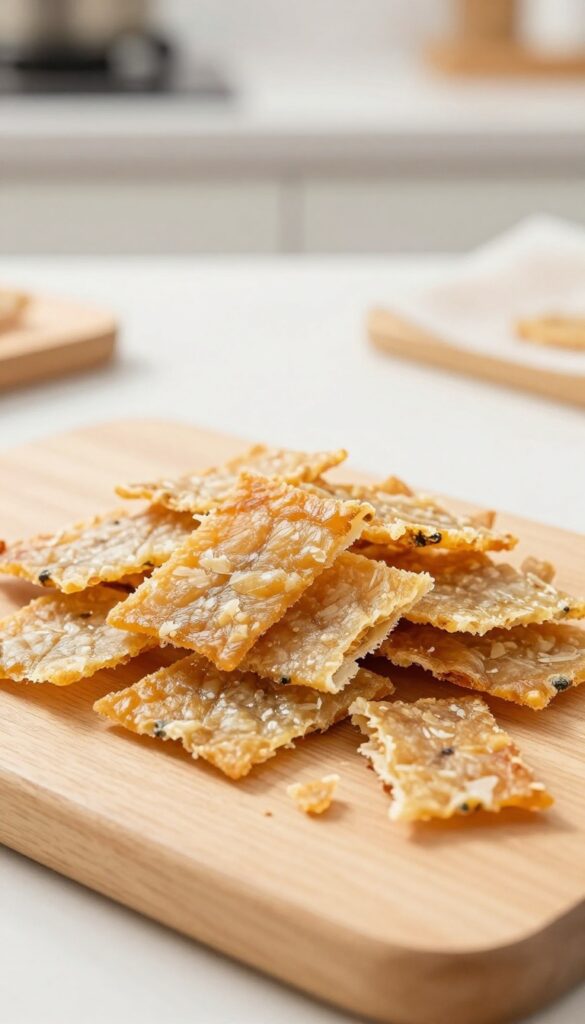 Homemade sardine jerky squares for dogs, crunchy and golden-brown, arranged on a wooden board.