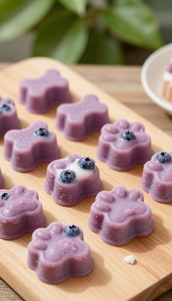 Frozen beef heart and yogurt dog treats in bone-shaped silicone molds, with a few pops on a wooden board outdoors.