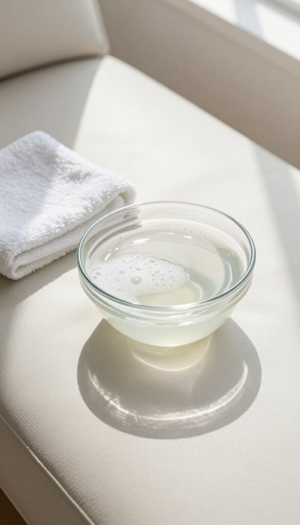 Mild dish soap and distilled water mixed in a bowl with a damp microfiber cloth on a leather couch, cleaning solution preparation