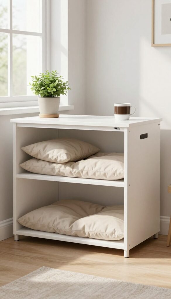 IKEA KALLAX shelf repurposed as a dog crate with a cushioned top, blending into a small apartment living room decor.
