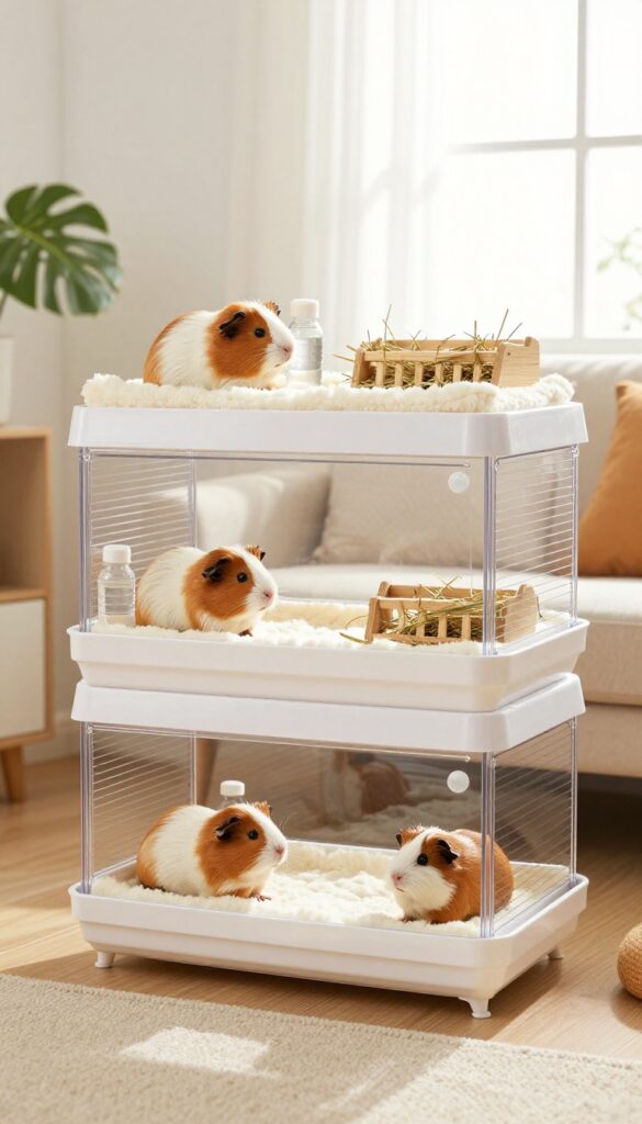 Stackable guinea pig cage system in a small home living room corner with two levels, each with hideouts and accessories.