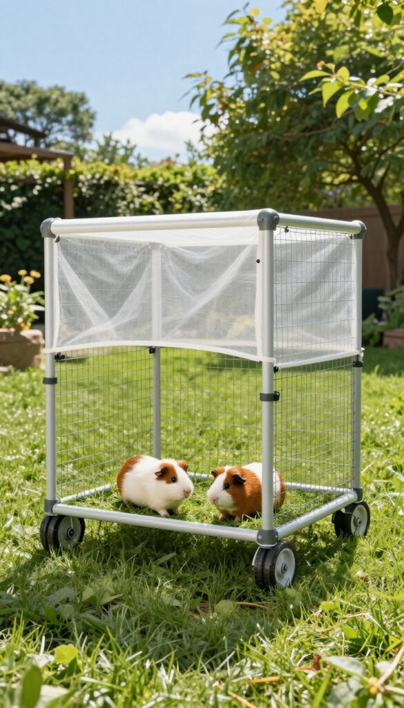 Portable chicken tractor with shade cloth panels on grass, two guinea pigs inside grazing