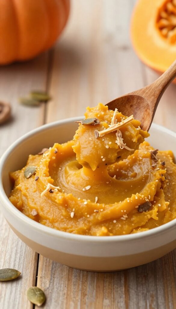 Homemade turkey gizzard and pumpkin mash for dogs in a ceramic bowl, with ingredients on a wooden table.