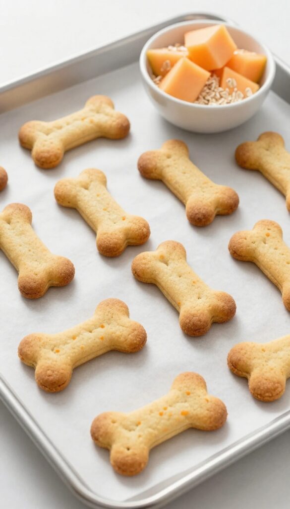 Homemade cantaloupe and oatmeal dog cookies baked on a parchment-lined sheet, golden brown and bone-shaped, with cantaloupe chunks nearby.