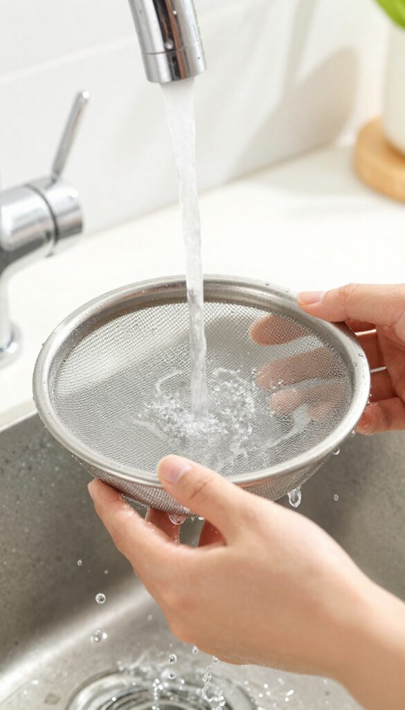 Hands rinsing a small metal mesh filter screen under running water, with a blurred bathroom background.