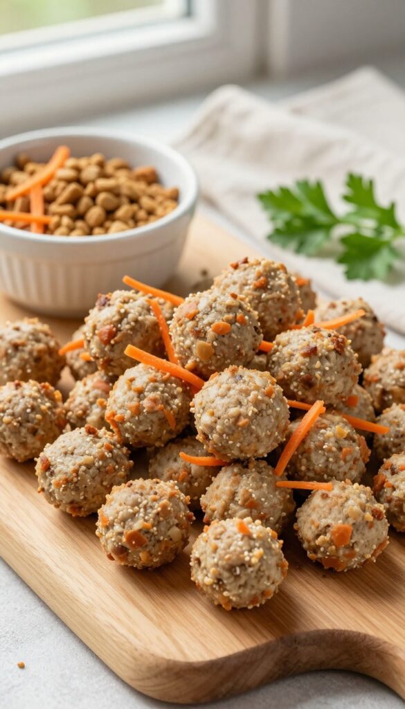 Homemade rabbit and carrot meatballs for dogs, baked golden brown, with some crumbled over kibble as a meal topper.