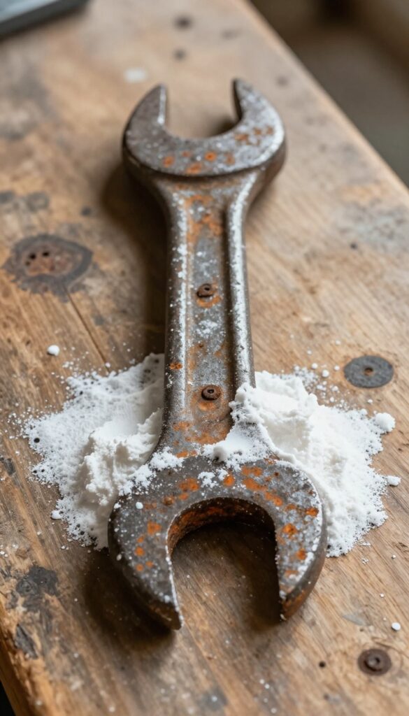 Close-up of a rusty tool with baking soda paste applied to rust spots on a wooden workbench