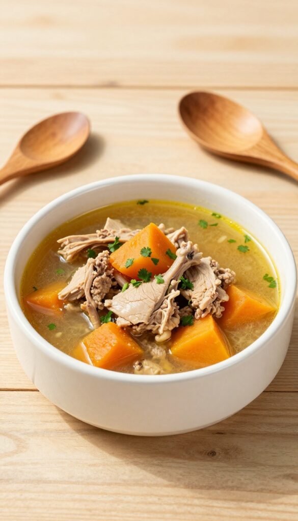 Homemade dog stew with turkey and sweet potatoes in a white bowl on a wooden table, garnished with parsley.