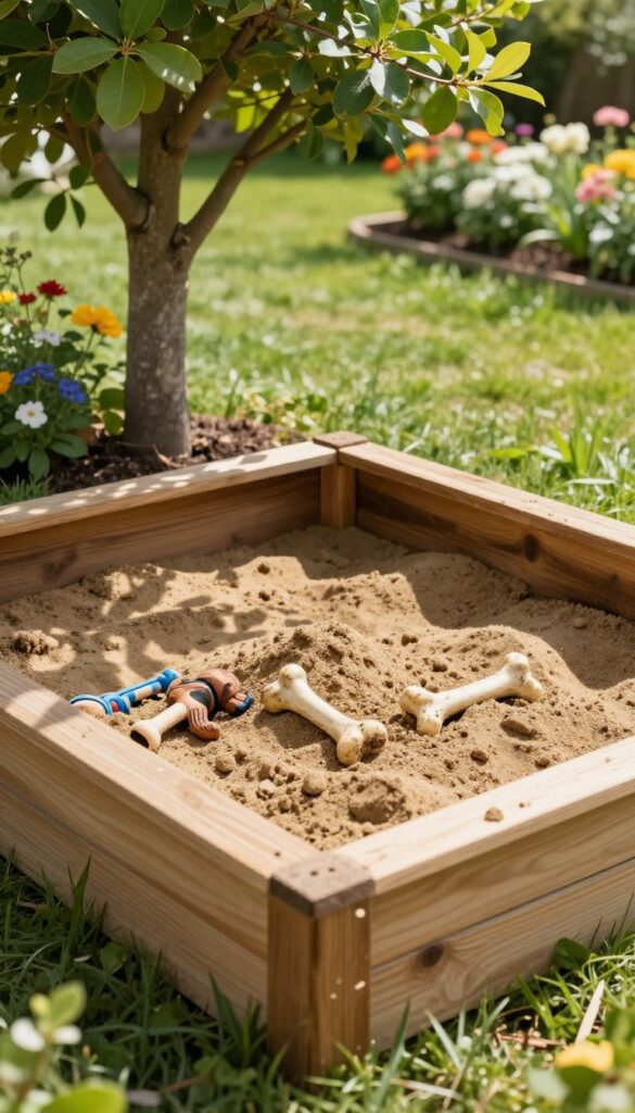 A wooden digging pit filled with sand and partially buried dog toys in a sunny garden