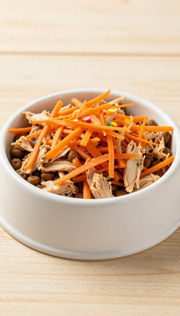 Dog bowl with kibble topped with shredded chicken and grated carrot confetti, homemade dog food topper